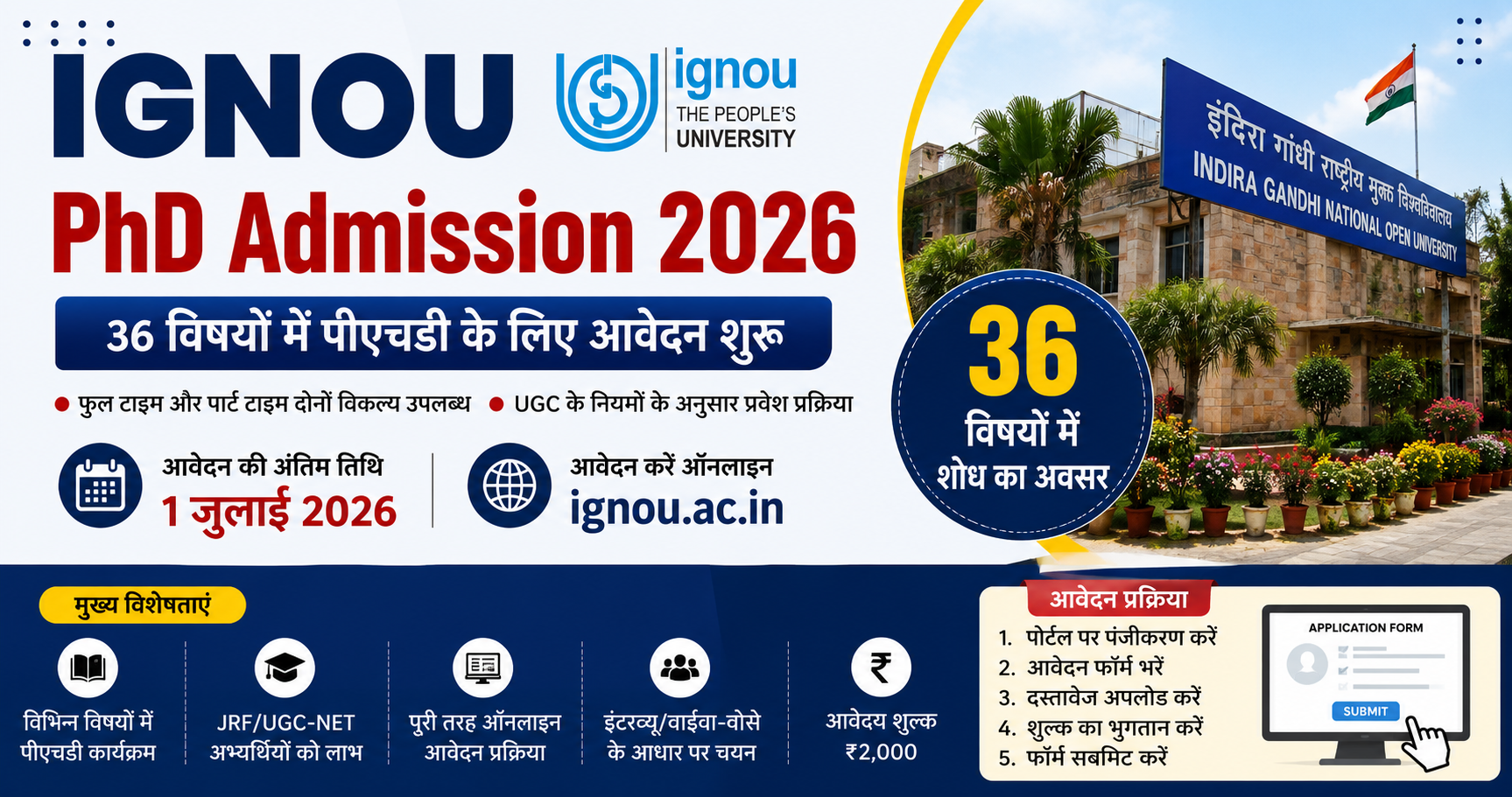 IGNOU PhD Admission 2026 online application form for research programmes in 36 subjects