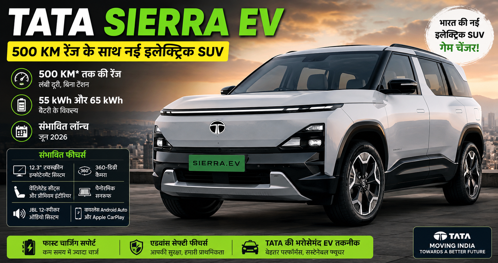 TATA Sierra EV electric SUV with 500 km range futuristic design LED lights India upcoming electric car